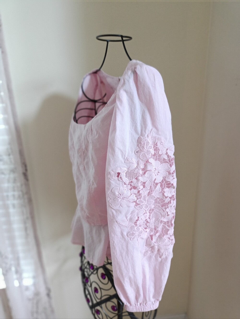 Sam Edelman Lace Detail 3/4 Sleeve Peplum Cotton Blouse Back Zipper siz L Pink - Picture 12 of 16